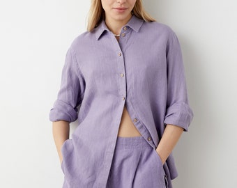Button up shirt with classic collar and cuffs, loose fit linen shirt women, oversized linen top, linen tunic, button down shirt SPACE