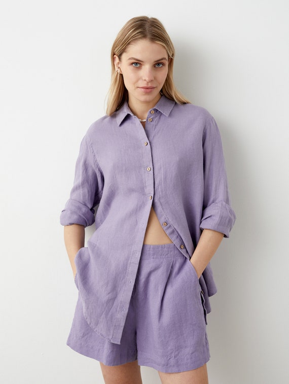 Camisa abotonada con cuello y punos clasicos camisa holgada de lino para mujer top de lino de gran tamano tunica de lino camisa abotonada SPACE Etsy Mexico