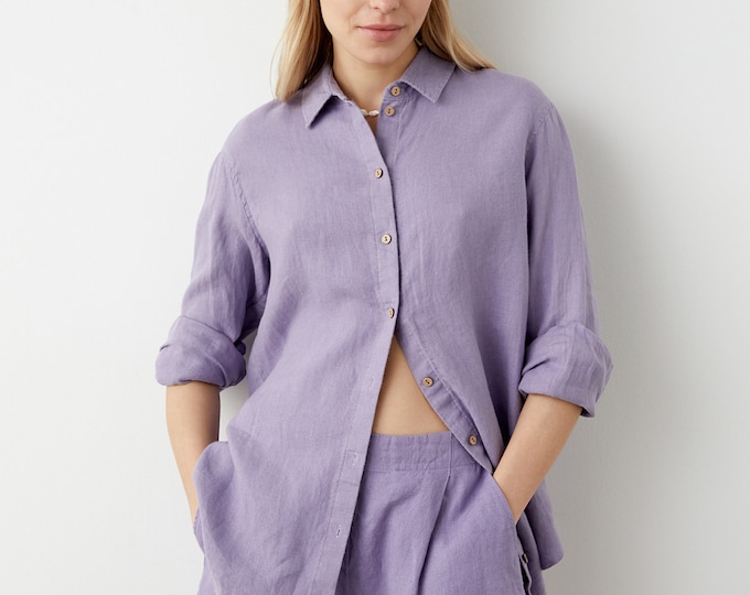 Button up shirt with classic collar and cuffs, loose fit linen shirt women, oversized linen top, linen tunic, button down shirt SPACE