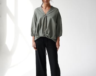 Oversize linen blouse  with V neck, loose fit linen shirt with puff sleeve, natural linen plus size kimono blouse, loose shirt AMALFI