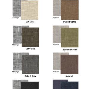 May include: Image showcasing a variety of heavy-weight linen fabric swatches, each paired with a contrasting texture. The color options include Oat Milk, Dusted Ochre, Dark Olive, Sublime Green, Robust Grey, Nutshell, Black Heavy, and Classic Navy. The text indicates a weight of 270 g/m&sup2;.