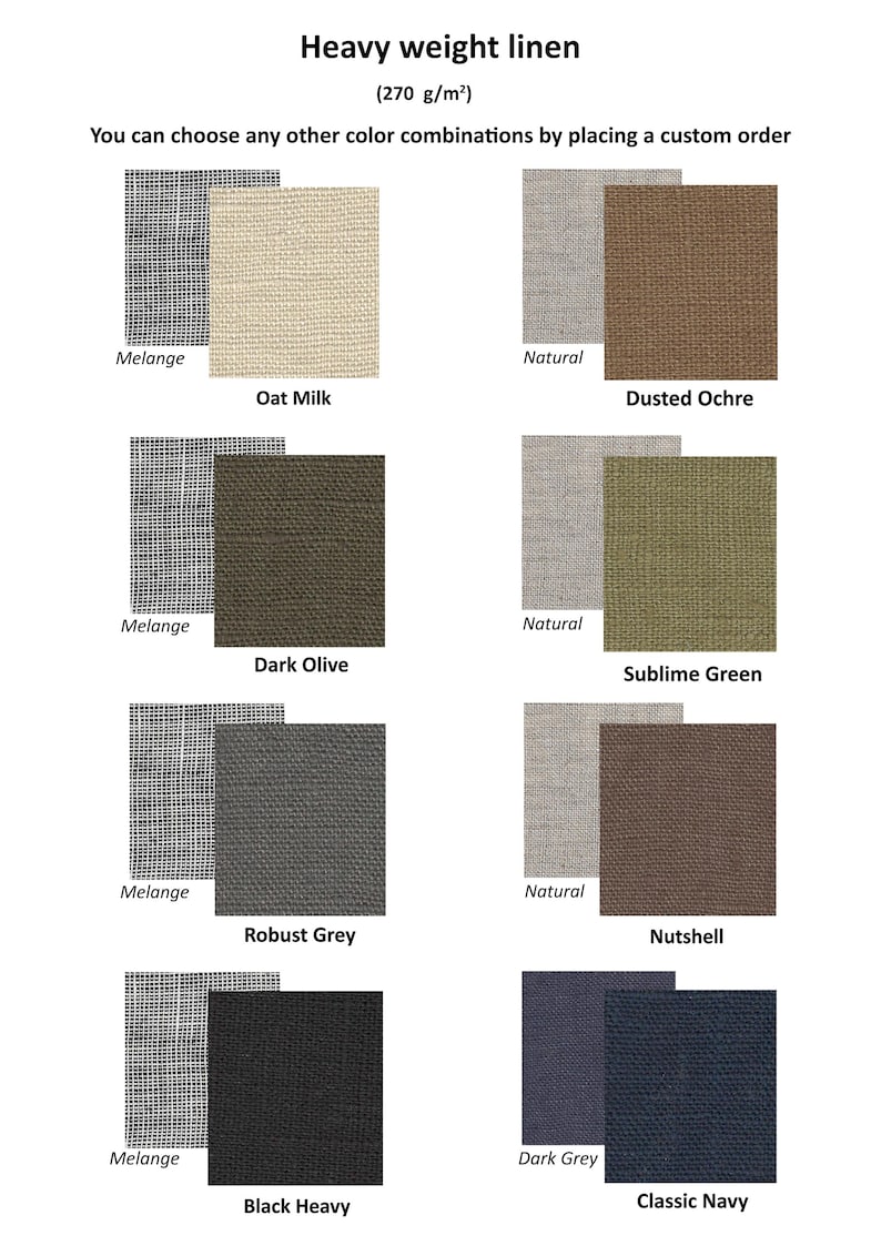 May include: Image showcasing a variety of heavy-weight linen fabric swatches, each paired with a contrasting texture. The color options include Oat Milk, Dusted Ochre, Dark Olive, Sublime Green, Robust Grey, Nutshell, Black Heavy, and Classic Navy. The text indicates a weight of 270 g/m&sup2;.