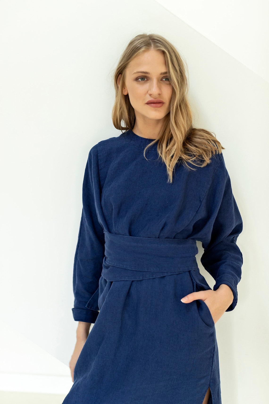 Winter dress linen midi dress linen kimono dress linen Etsy