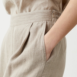 Pleated linen shorts for women, high rise shorts with pockets, elastic back bermuda shorts WALK image 6