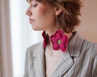 Oversized statement dangle earrings, Sustainable linen flower earrings, Artistic floral jewelry, Soft sculptural earrings  FLOWER
