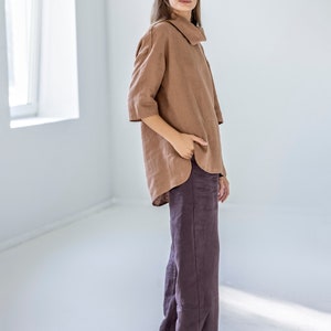 Size: S Ready to ship Roll neck linen top, funnel neck blouse, linen turtleneck top, long sleeve linen shirt with slits ECLAIR image 2