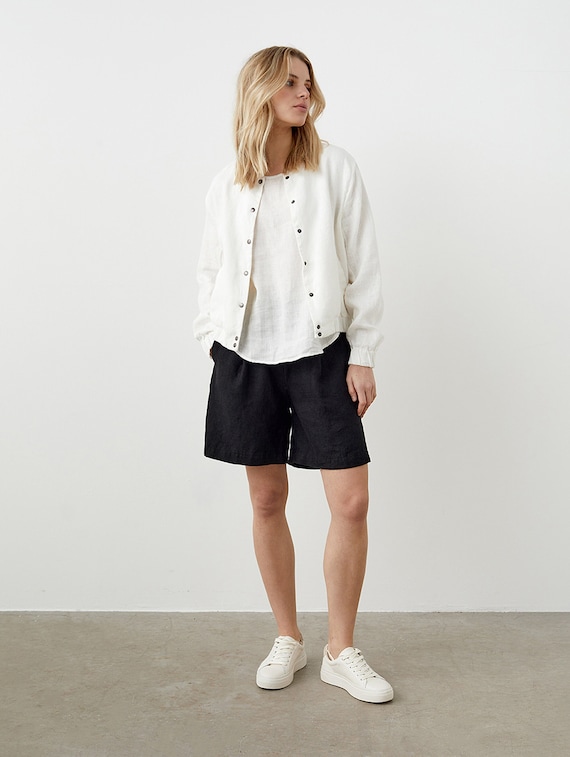 Linen bomber with band collar, bomber jacket with pockets, linen