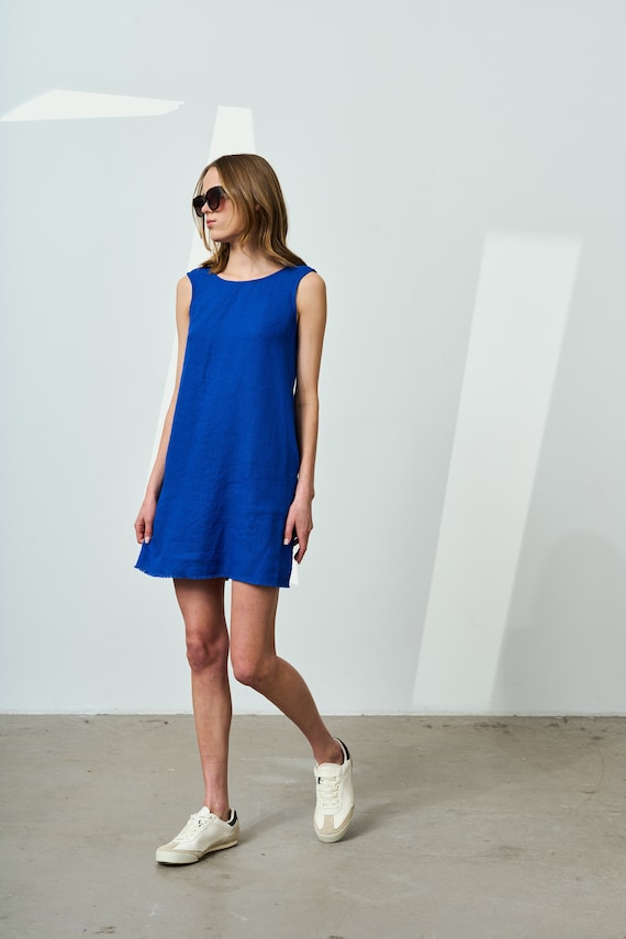 cobalt blue linen shift dress Short with pockets, linen mini dress, linen slip dress, dress, linen Beach dress STAR Bridal boutique
