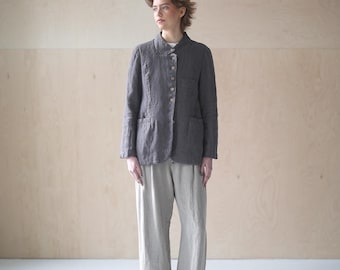 Fitted linen buttoned jacket, cardigan with pockets, Linen pocket jacket, Long linen blazer NUHRU