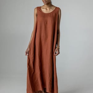 Scoop neck linen maxi dress with pockets, loose linen shift dress, long linen sundress ATHENA