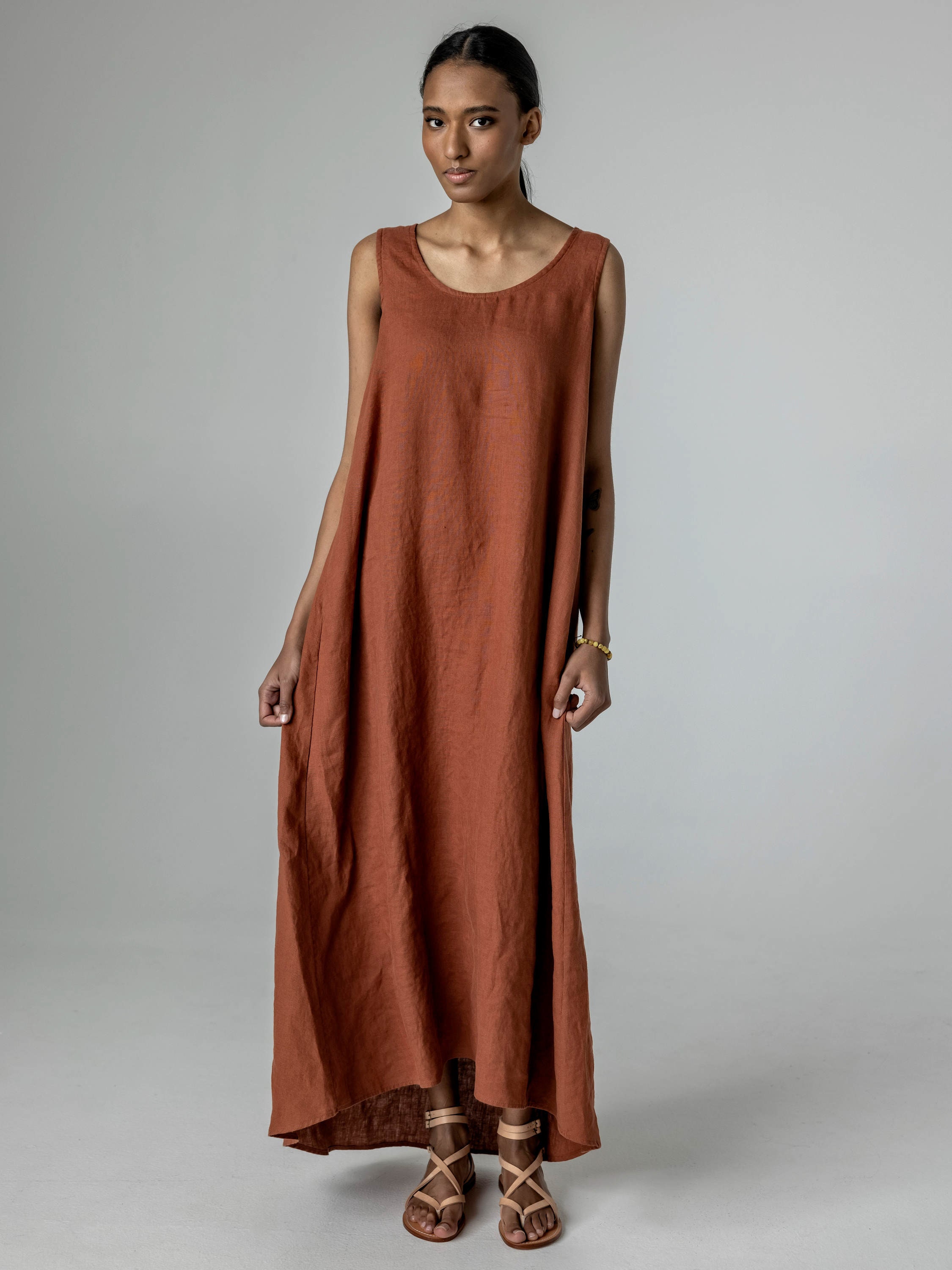 Scoop neck linen maxi dress with pockets, loose linen shift dress, long linen sundress ATHENA