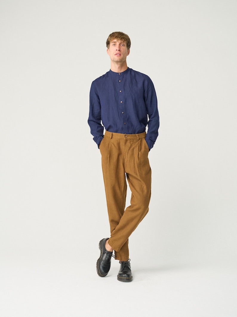 Tapered linen pants for men with zipper and elastic back, pleated heavy linen trousers NIKO image 1