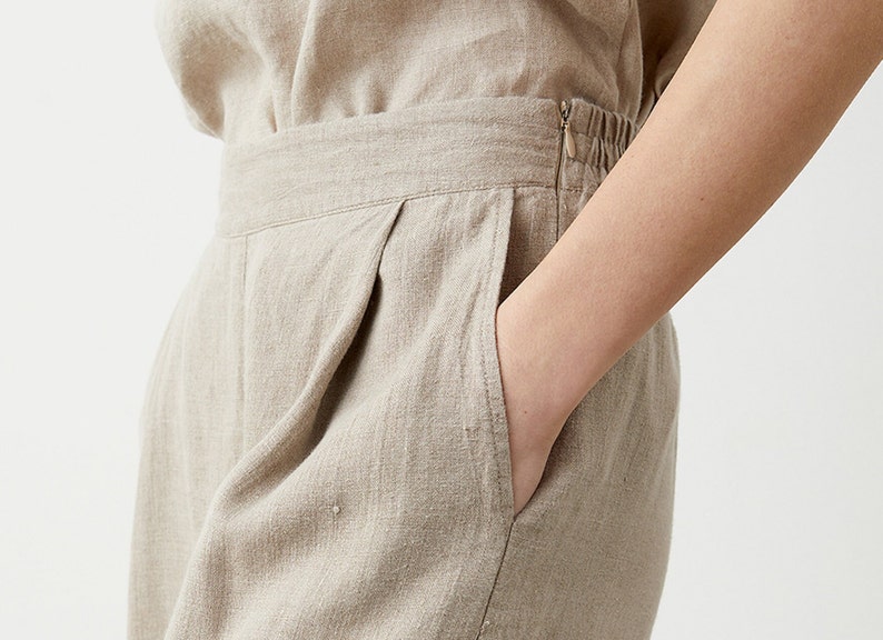 Pleated linen shorts for women, high rise shorts with pockets, elastic back bermuda shorts WALK image 7