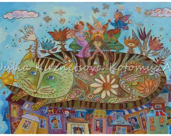 Printable postcard Instant download cat Greeting card Reproduction of the original painting Oil painting "Tea with the bagels"