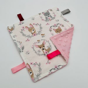 Woodlands Bunny-Deer Lovey Flannel and Minky Sensory Blanket - Woodlands Bunny-Deer Flannel + Pink Minky