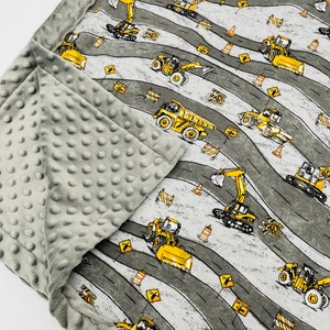 Construction Equipment Baby Blanket Set. Construction Equipment Flannel + Minky Dot (Gray)