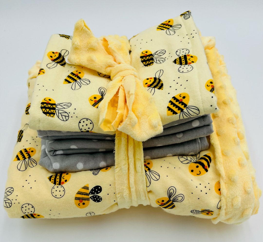 Bumble Bees Baby Blanket Set Cute Bees Flannel Minky Dot yellow Etsy