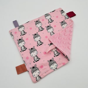 Zebra Lovey Flannel and Minky Sensory Blanket - Zebra Flannel + Pink Minky