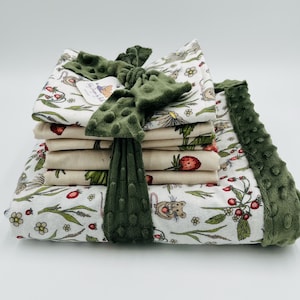 Strawberry-Mouse Baby Blanket Set - Adorable Strawberry-Mouse Flannel + Minky Dot (Olivine Green)