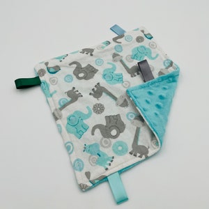 Elephant/Giraffe Lovey Flannel and Minky Sensory Blanket - Elephant/Giraffe Flannel + Teal Minky