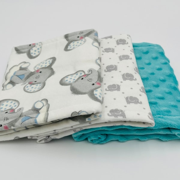 Elephant Burp Cloth Trio - Elephant Flannel + Minky Dot (Aqua) - Burp Cloth Set