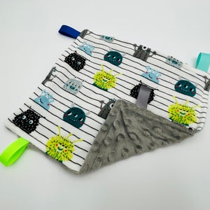 Monster Lovey Flannel and Minky Sensory Blanket - Monster Flannel + Gray Minky