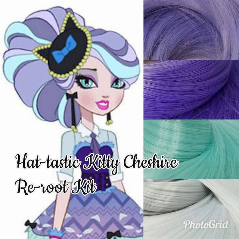 Ever After Hat-Tastic Kitty Cheshire Cat Doll Re-root Pack Nylon Hair Blonde Teal Gray Purple Kit to make your own OOAK Doll INTL SHIP
