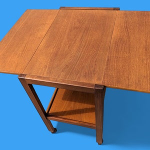 May include: A wooden drop-leaf table with a warm brown finish. The table has a rectangular top with two hinged leaves, supported by a lower shelf and angled legs. The table is on wheels for easy movement.