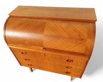 Mid Century English Modern Teak Toll Top Secretary