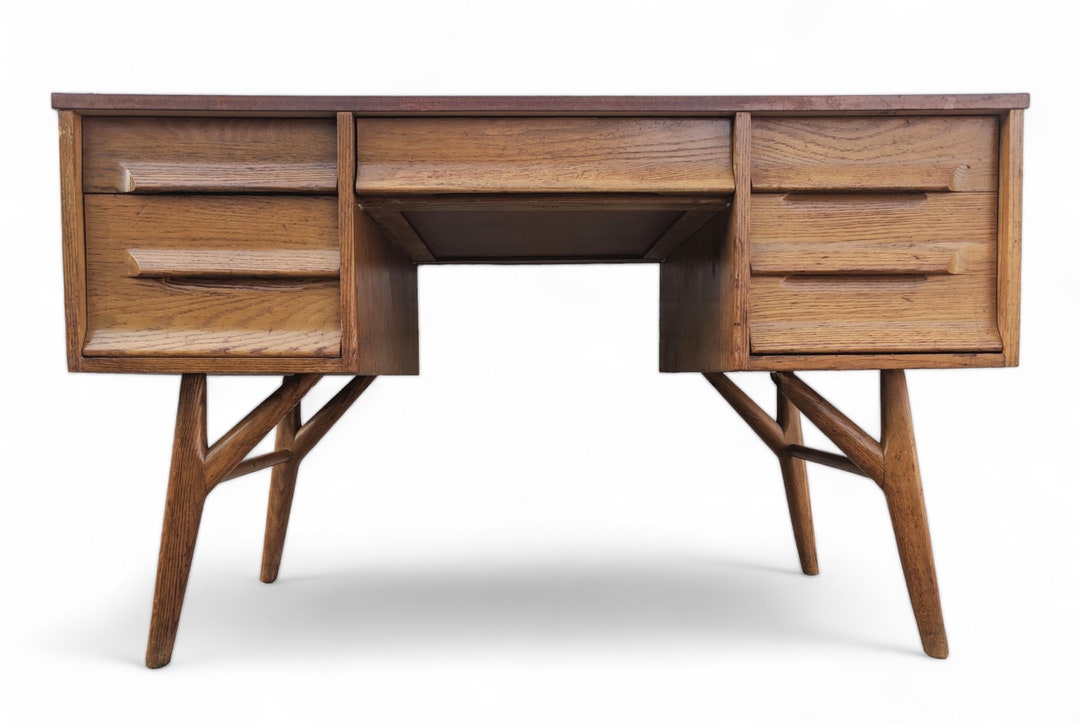 Mid Century Modern Solid Oak Desk With Laminate Top by Jack Van