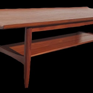 May include: A mid-century modern coffee table made of wood with a lower shelf. The table has a rectangular top and a natural wood finish.