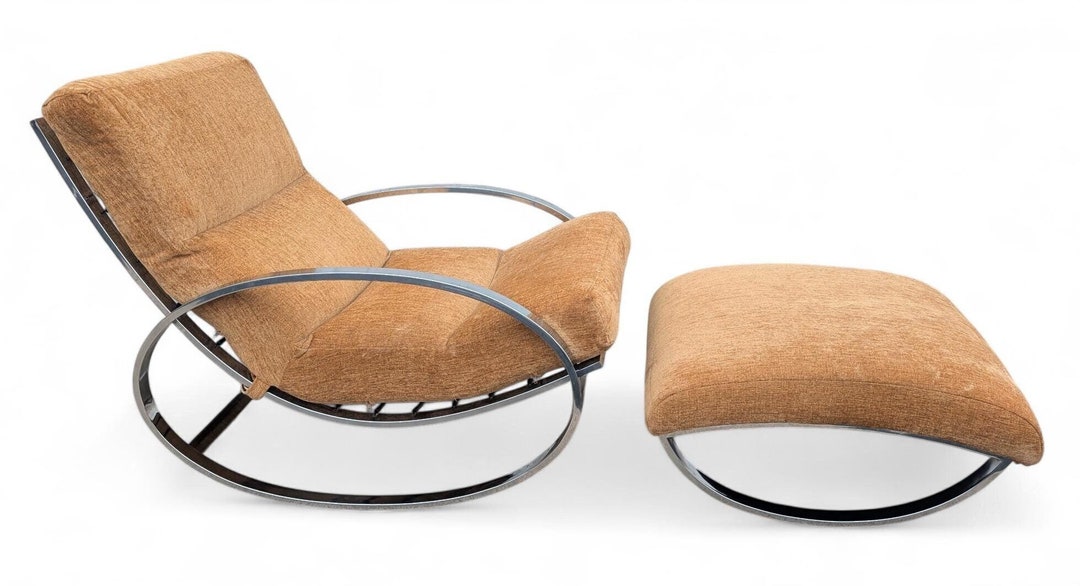 Mid Century Modern Renato Zevi Chrome Rocking Chair and Ottoman