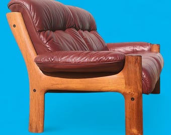 Mid Century Danish Modern Leather and Teak Loveseat