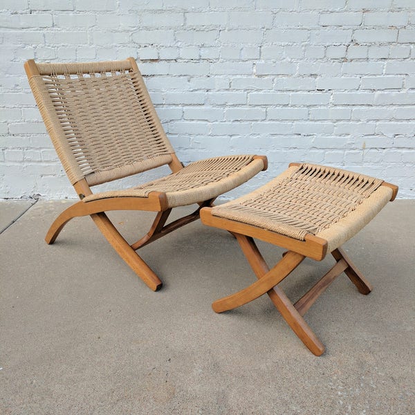 Mid Century Modern Hans Wegner Style Folding Chair and Ottoman