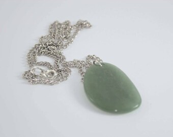 Green Jade large Plate Pendant on very long silver plated Chain