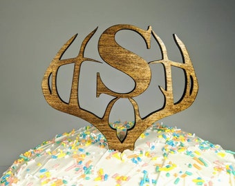 Rustic deer antler cake topper with initial/initials