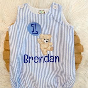 Teddy Bear Embroidered Outfit,Boys First Birthday Striped Jumper,Bear with Balloon Romper,Baby Boy Seersucker Bubble,1st Birthday Boy Onesie