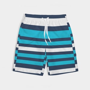 May include: Blue and white striped swim trunks with a white drawstring.