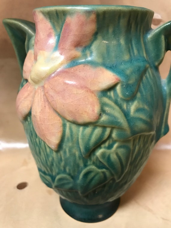 Roseville Pottery 102 6 Usa Pink Clematis Forest Green Etsy