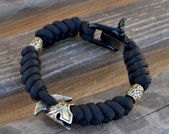 Paracord bracelet with spartan helmet, brass bead, black viking jewelry, gift for him, mens bangle, armband, viking jewelry