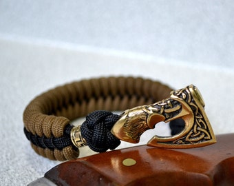 Viking bracelet with Axe, paracord men bracelet, viking jewelry from brass, gift for him, mens bangle, armband