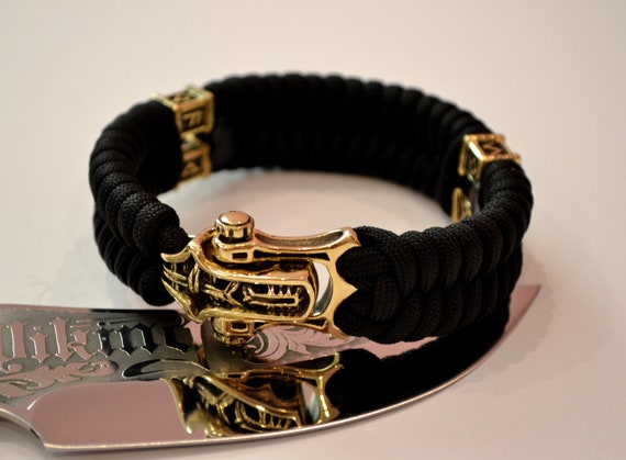 Black Mens Paracord Bracelet With Unique Brass Shackle Clasp Viking Jewelry Gift For Him Mens Bangle Armband Viking Jewelry With Runes - 