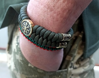 Paracord bracelet with helmet of horror bead, runes, men rope bracelet with brass beads, survival bracelet