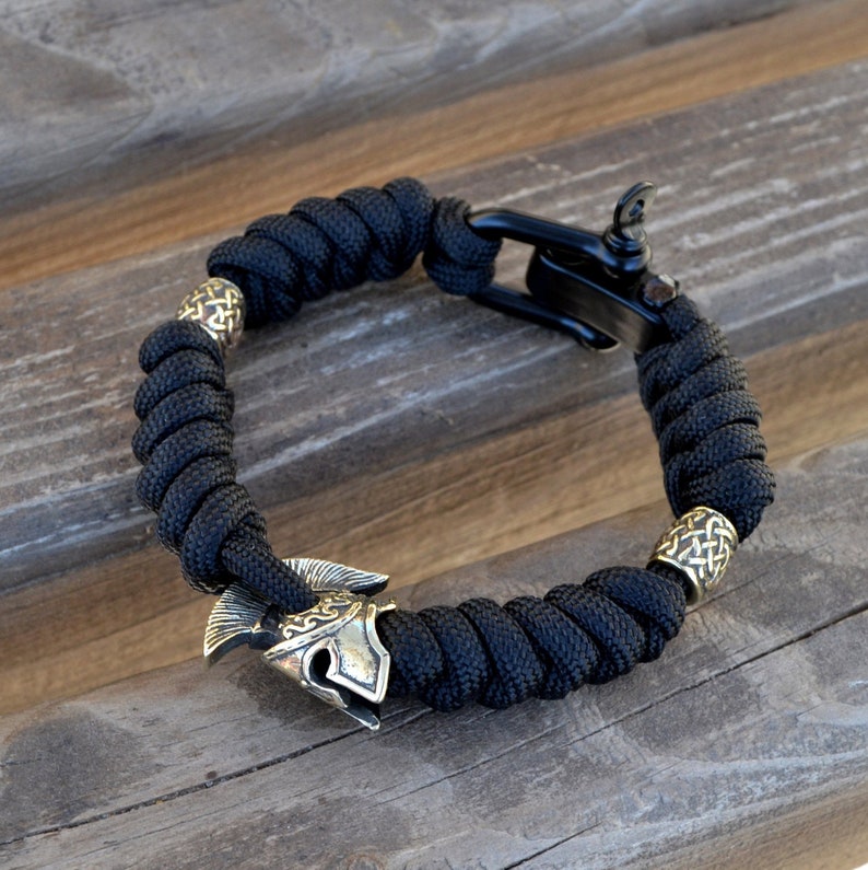 Paracord Bracelet With Spartan Helmet Brass Bead Black Etsy