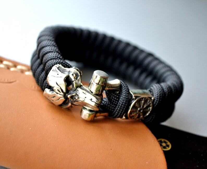 Black Paracord Bracelet With Brass Shackle Valkyrie Bead Etsy