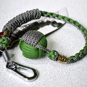 Monkey fist keychain, templar helmet bead, Braided paracord monkey fist key chain, brass bead, steel carabiner, green