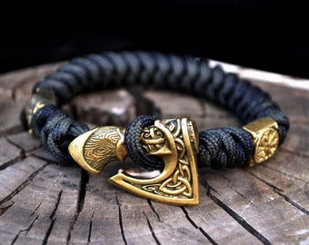 Paracord viking bracelet with axe of perun, black-army green bracelet, helmet of horror bead, viking jewelry, gift for him, mens bangle