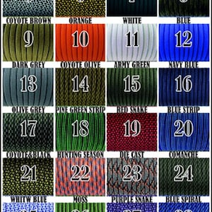 May include: A chart with 32 different colors of paracord, each with a number and a name. The colors include dark red, yellow, graphite, red, white & black, yellow snake, black, black forest, coyote brown, orange, white, blue, dark grey, coyote olive, army green, navy blue, olive grey, pine green strip, red snake, blue strip, coyote & black, hunting season, die cast, comanche, whitw blue, moss, purple snake, blue spiral, black snake, navy blue & grey, royal blue, and red strip.