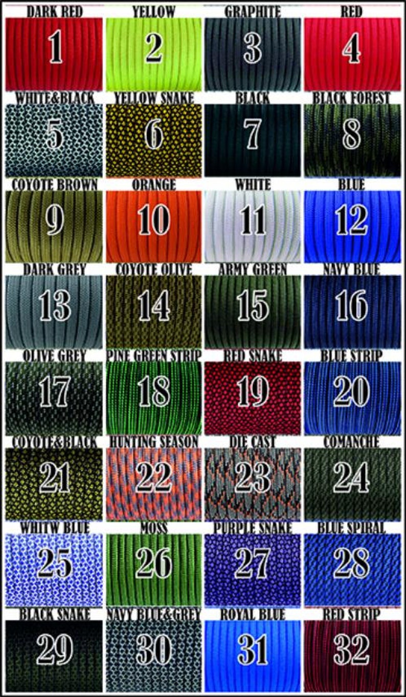 May include: A chart with 32 different colors of paracord, each with a number and a name. The colors include dark red, yellow, graphite, red, white & black, yellow snake, black, black forest, coyote brown, orange, white, blue, dark grey, coyote olive, army green, navy blue, olive grey, pine green strip, red snake, blue strip, coyote & black, hunting season, die cast, comanche, whitw blue, moss, purple snake, blue spiral, black snake, navy blue & grey, royal blue, and red strip.