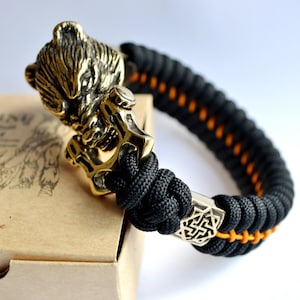 Bear paracord bracelet with bear clasp, mens viking bracelet, gift for him, unique mens bangle, brass shackle, armband, viking jewelry